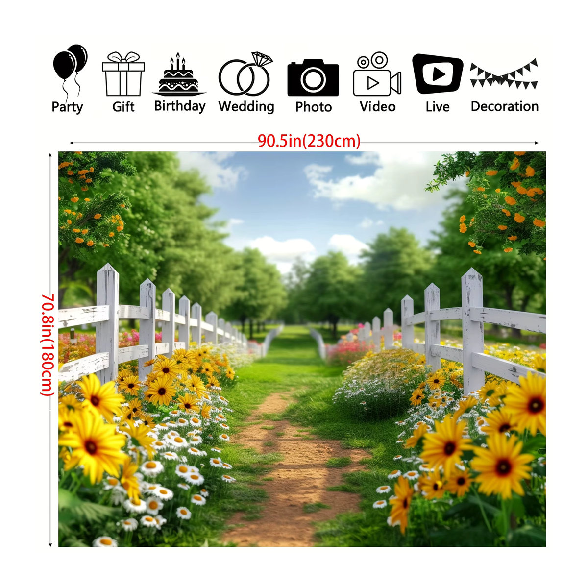 Dekoratives Garten-Hintergrundtuch mit floralem Frühlingsdesign in Weiß, Grün und Mehrfarbig, Textil, Rechteckig, B: 150 cm, H: 100 cm - Bild 3