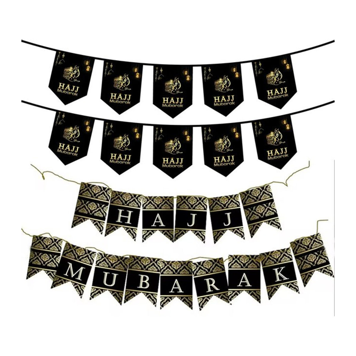 Dekoratives Hajj Mubarak Banner in Schwarz und Gelb für Eid, Umrah und Hajj als hängende Papierdekoration im orientalischen Stil - Bild 1