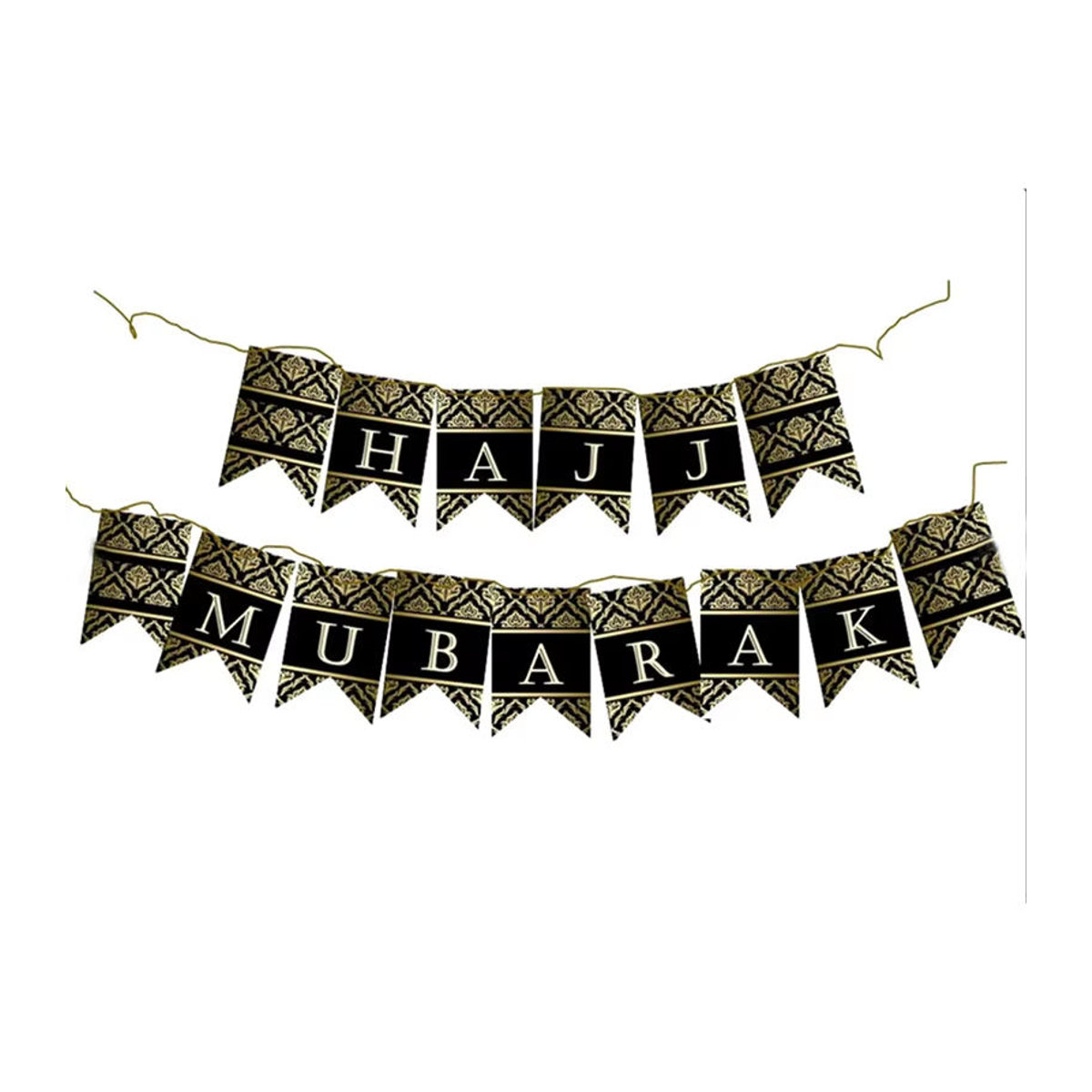 Dekoratives Hajj Mubarak Banner in Schwarz und Gelb für Eid, Umrah und Hajj als hängende Papierdekoration im orientalischen Stil - Bild 2