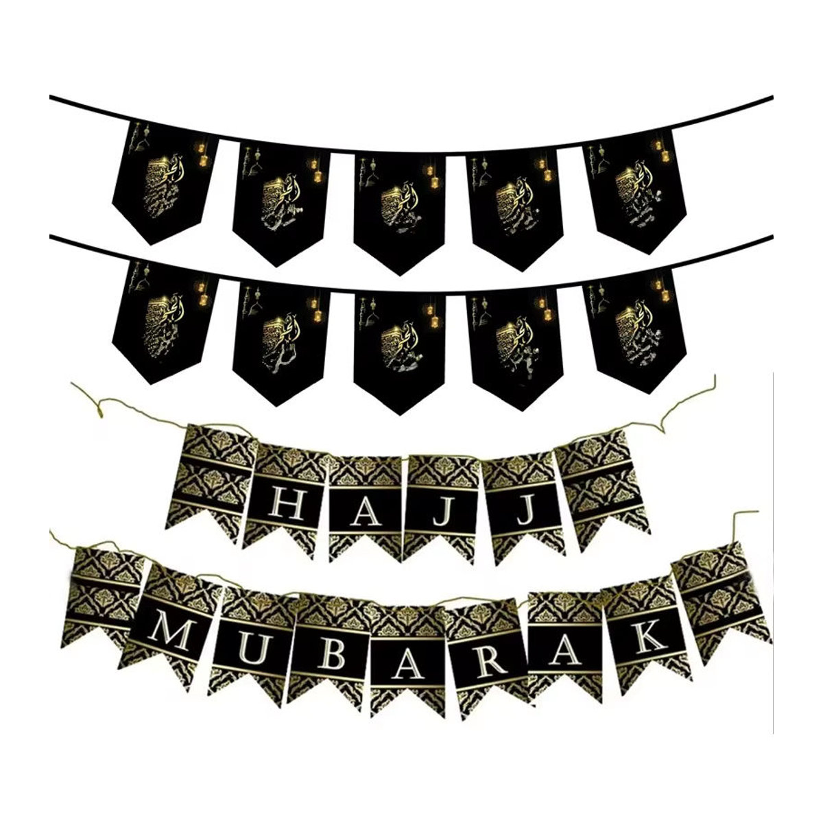 Dekoratives Hajj Mubarak Banner in Schwarz und Gelb für Eid, Umrah und Hajj als hängende Papierdekoration im orientalischen Stil - Bild 3