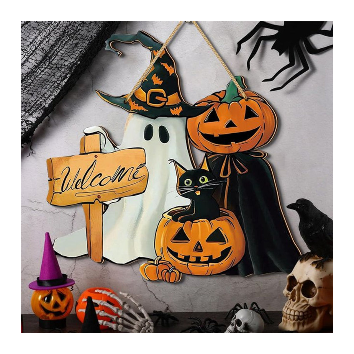 Dekoratives Halloween Holzschild mit schwarzer Katze, Kürbis und Geist zum Aufhängen, mehrfarbige Türdekoration mit Schnur - Bild 1