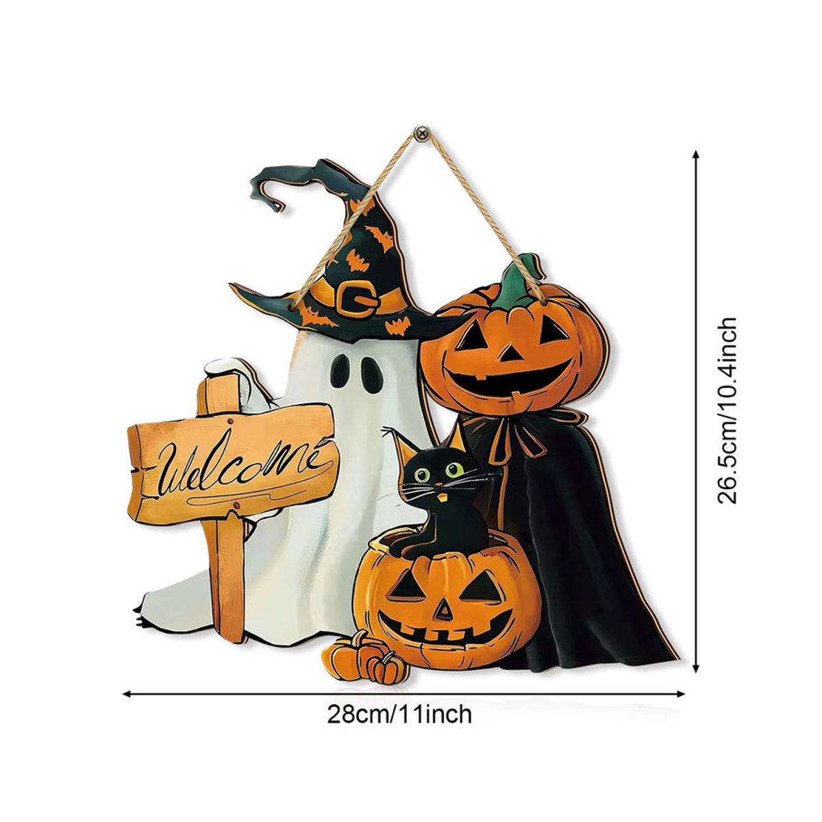 Dekoratives Halloween Holzschild mit schwarzer Katze, Kürbis und Geist zum Aufhängen, mehrfarbige Türdekoration mit Schnur - Bild 2