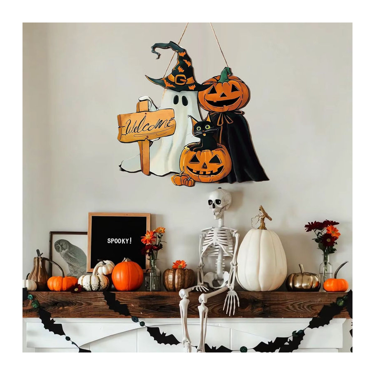 Dekoratives Halloween Holzschild mit schwarzer Katze, Kürbis und Geist zum Aufhängen, mehrfarbige Türdekoration mit Schnur - Bild 3