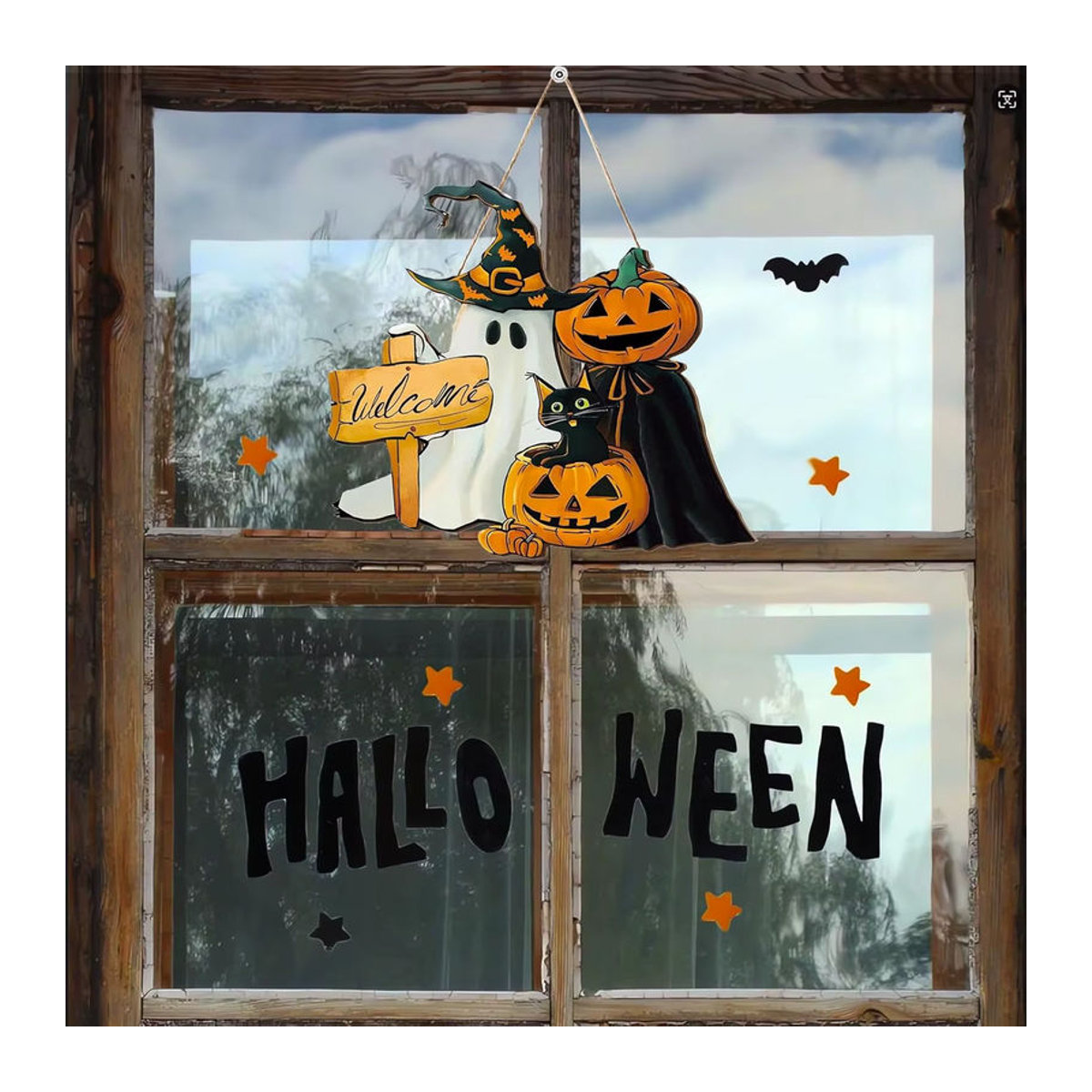 Dekoratives Halloween Holzschild mit schwarzer Katze, Kürbis und Geist zum Aufhängen, mehrfarbige Türdekoration mit Schnur - Bild 4