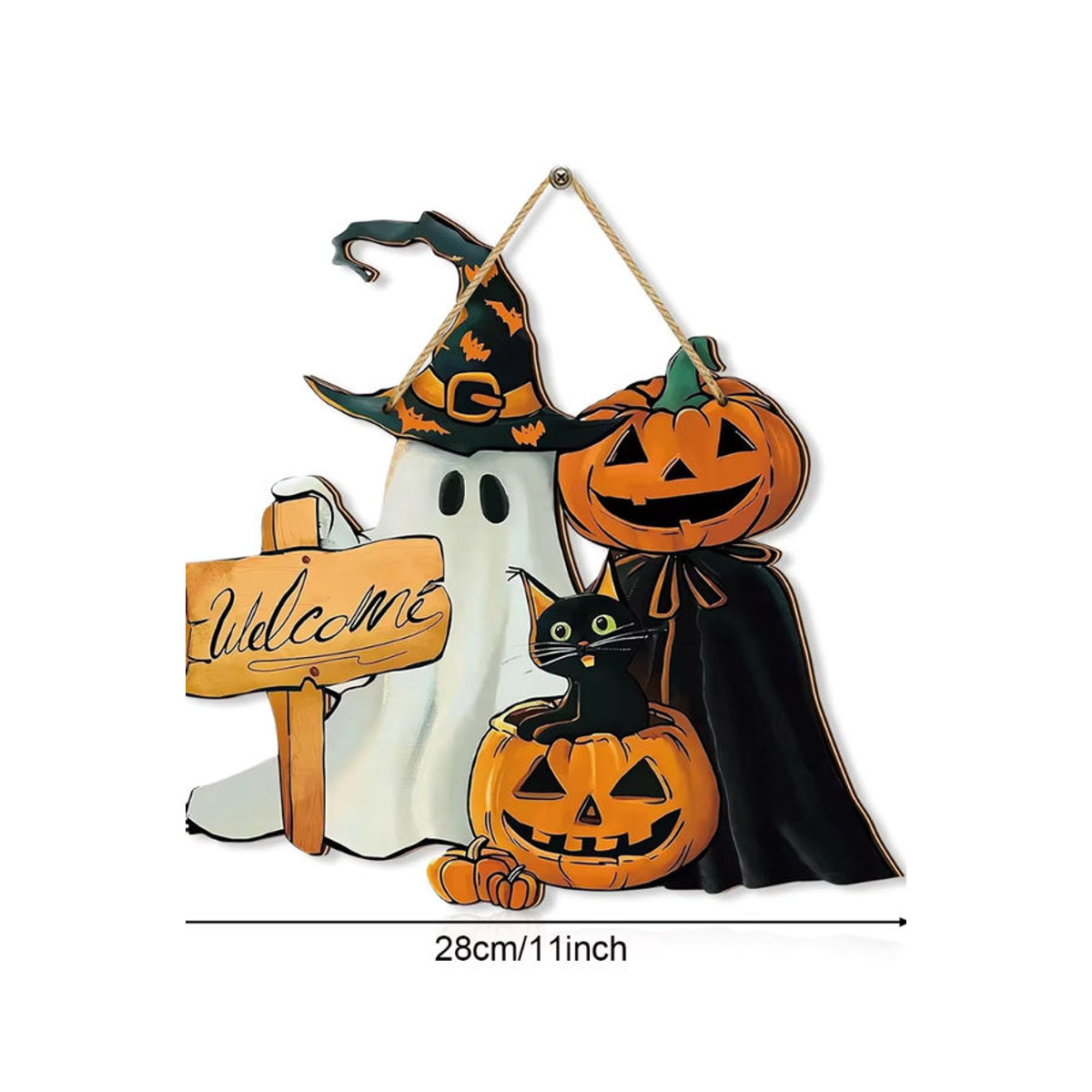 Dekoratives Halloween Holzschild mit schwarzer Katze, Kürbis und Geist zum Aufhängen, mehrfarbige Türdekoration mit Schnur - Bild 5