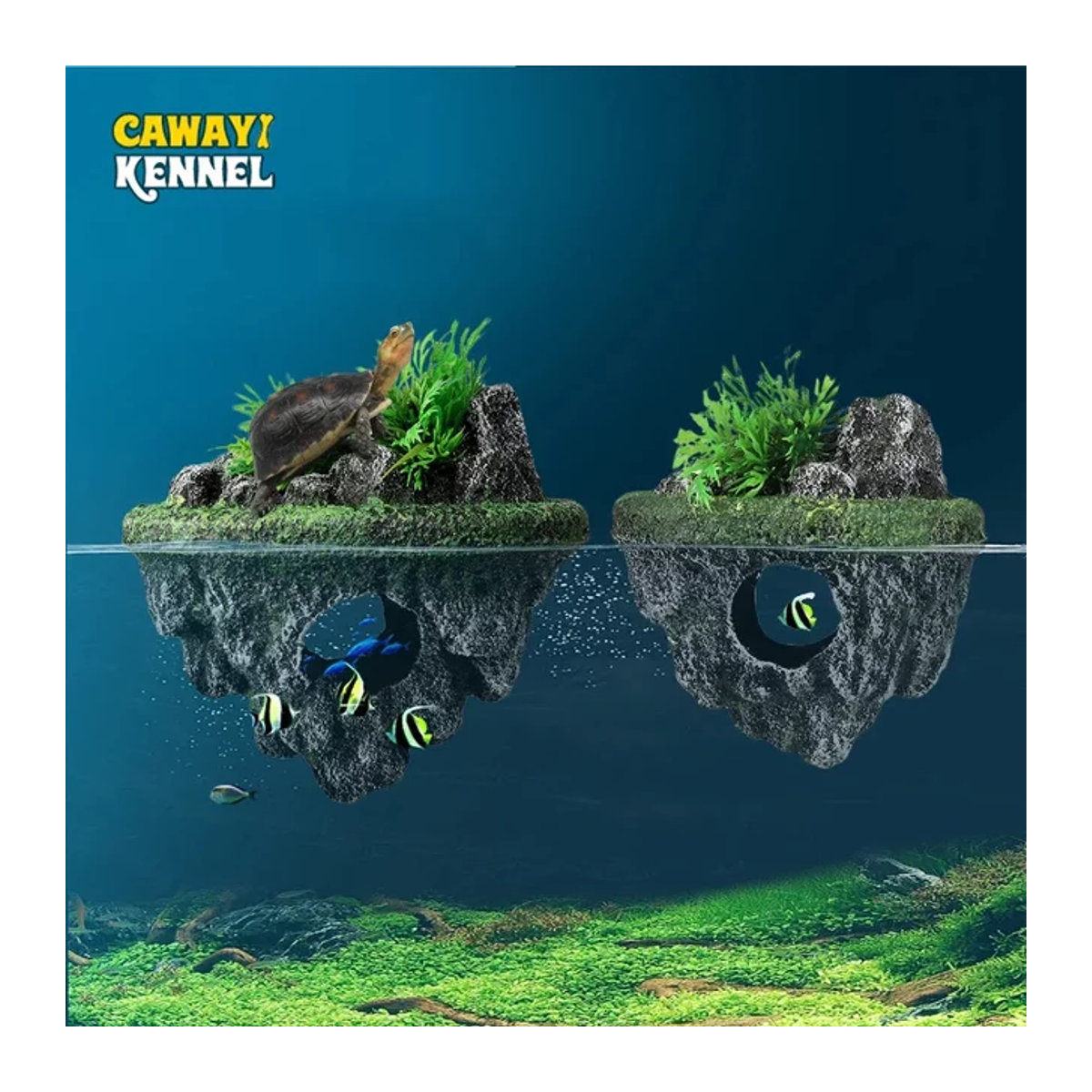 Dekoratives Insel-Aquarium mit schwimmendem Stein und Simulationspflanzen in Grau als Aquarien-Zubehör und Höhle für dein Aquarium - Bild 1