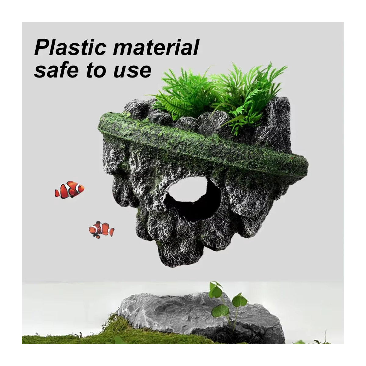 Dekoratives Insel-Aquarium mit schwimmendem Stein und Simulationspflanzen in Grau als Aquarien-Zubehör und Höhle für dein Aquarium - Bild 2