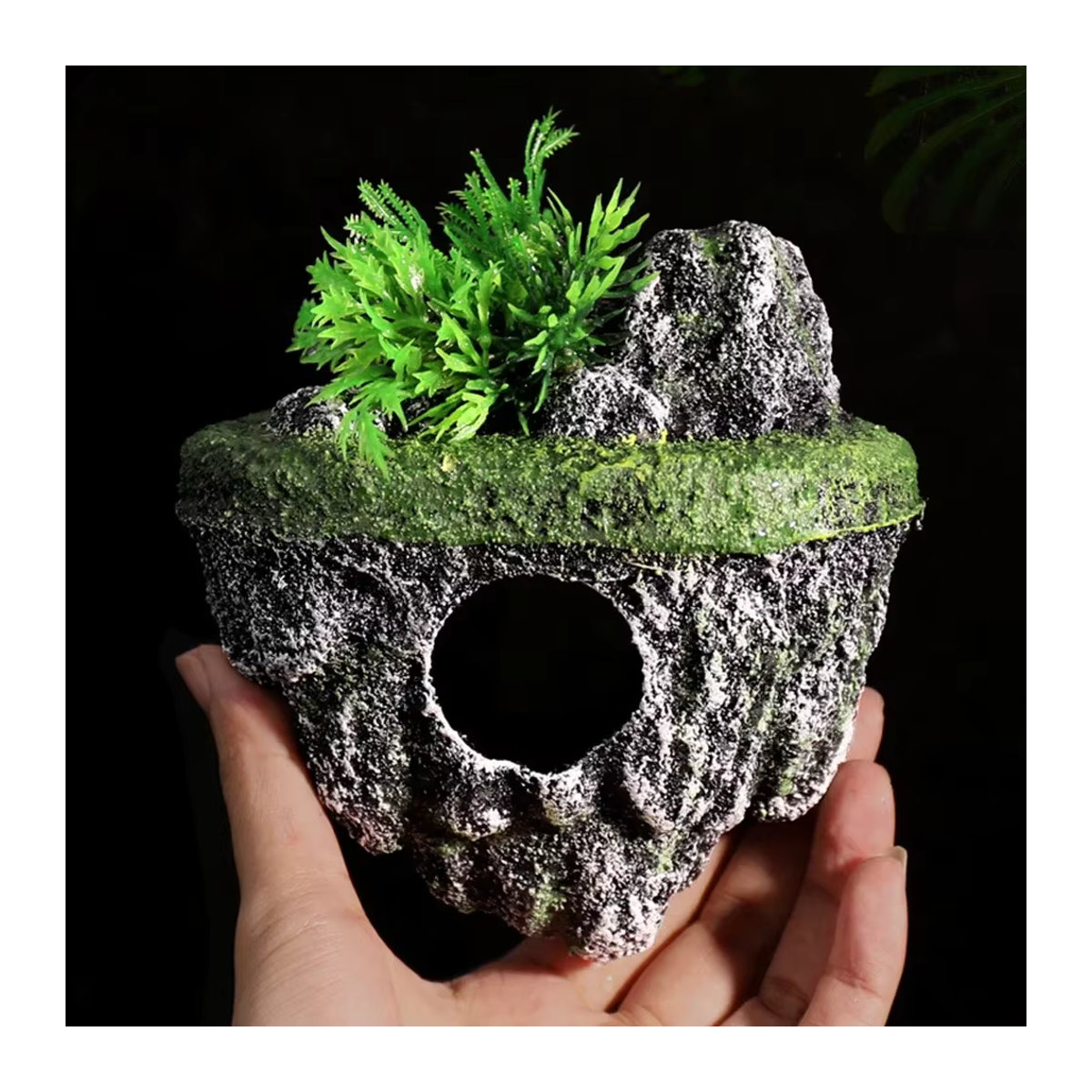 Dekoratives Insel-Aquarium mit schwimmendem Stein und Simulationspflanzen in Grau als Aquarien-Zubehör und Höhle für dein Aquarium - Bild 4