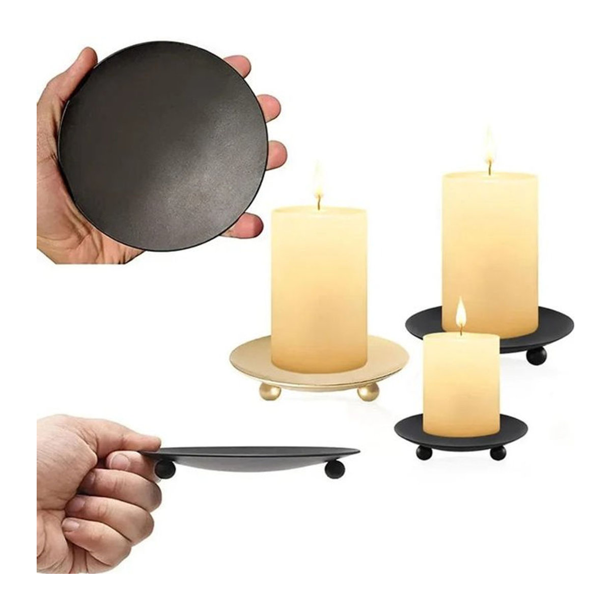 Dekoratives Metall-Tablett in Schwarz und Gold für Stumpenkerzen, rund und minimalistisch - Bild 1