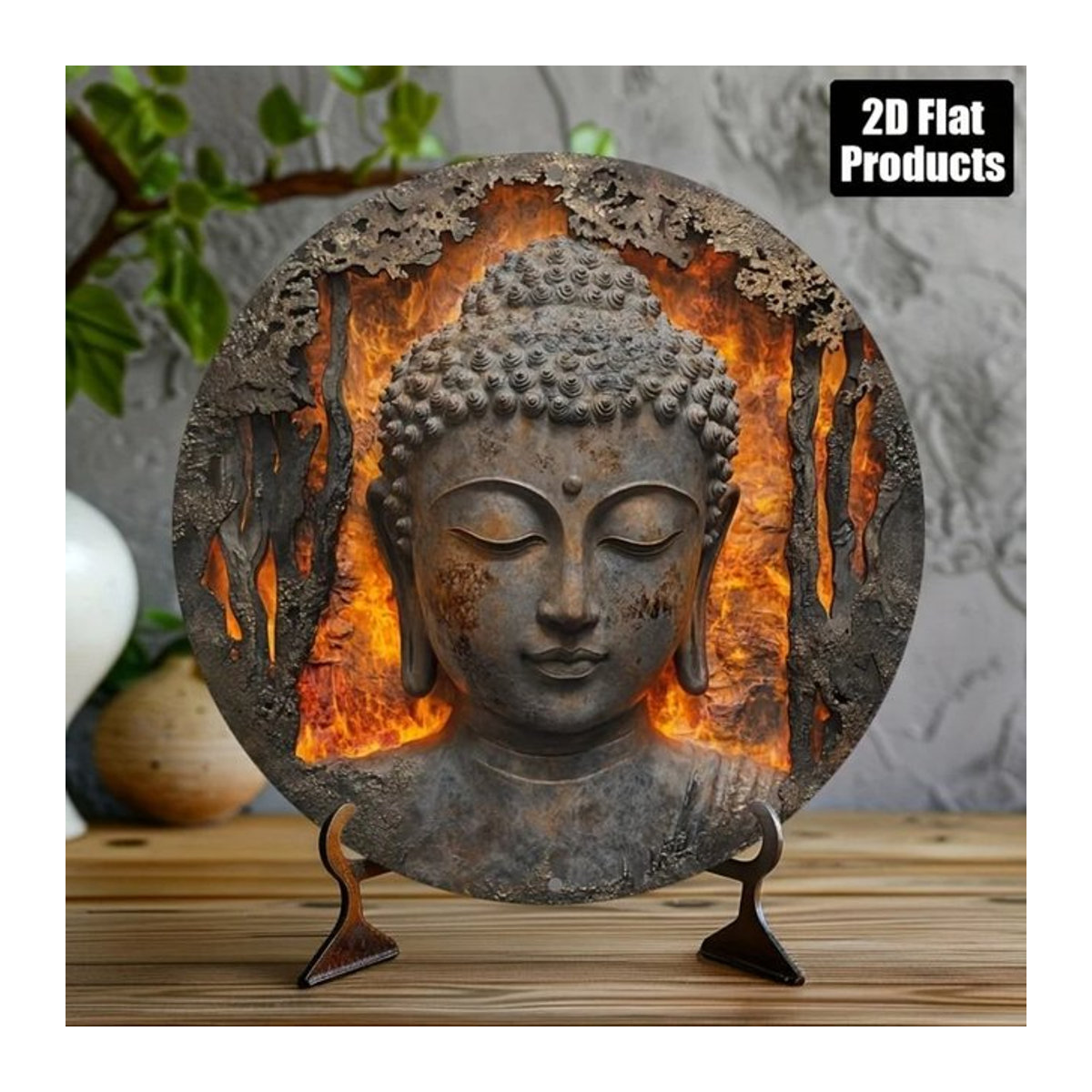 Dekoratives Metallschild mit Buddha-Kopf von HELLOYOUNG in Grau, rund und orientalisch gestaltet - Bild 1