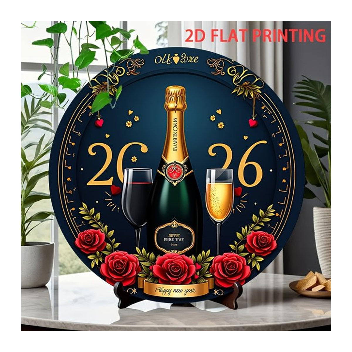 Dekoratives Schild für Neujahrsfeiern von Potdemiel mit Champagner-Toast-Design in Marineblau und Gold, rund und stehend aus Metall - Bild 1