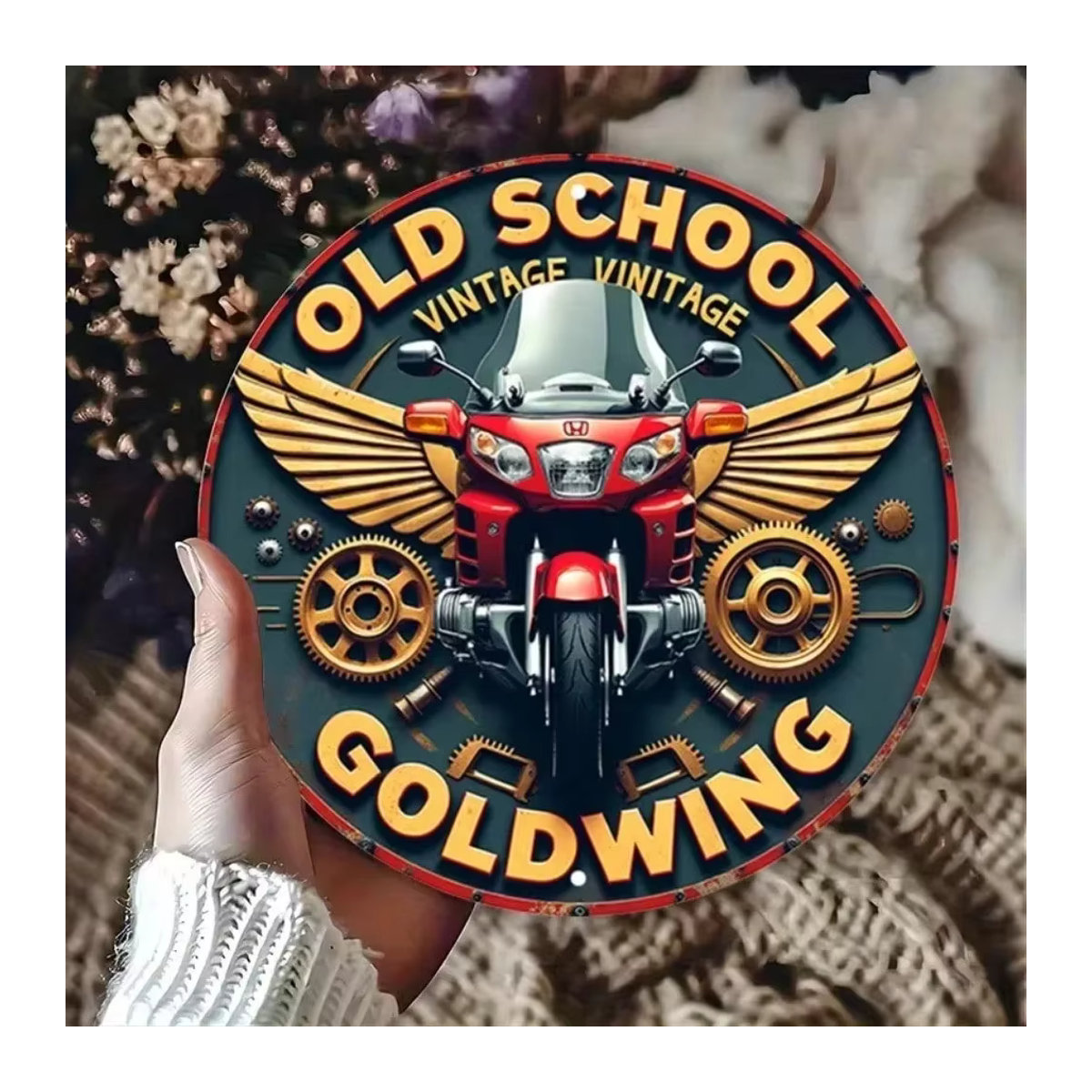 Dekoratives Vintage-Metallschild von CIFBUY mit Goldwing-Design in Mehrfarbig, rundes Eisenblech-Gemälde - Bild 4
