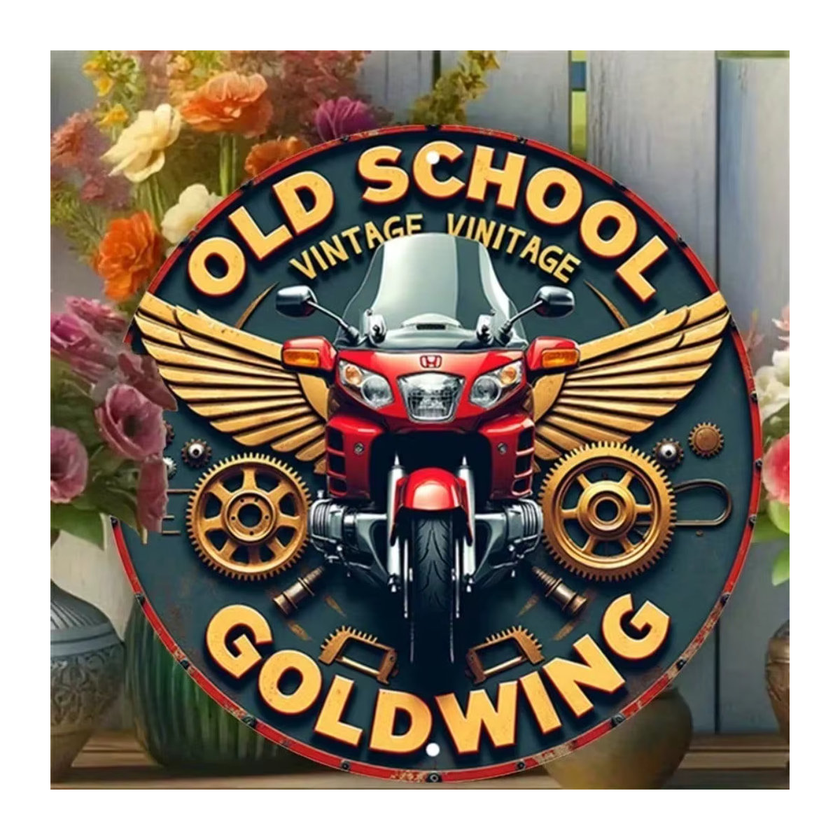 Dekoratives Vintage-Metallschild von CIFBUY mit Goldwing-Design in Mehrfarbig, rundes Eisenblech-Gemälde - Bild 6