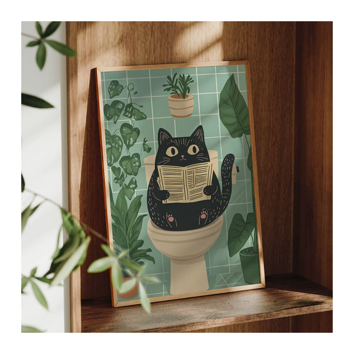 Dekoratives Wandbild mit Katze und floralen Elementen in Mehrfarbig, rechteckiges Holzbild im Hochformat - Bild 1