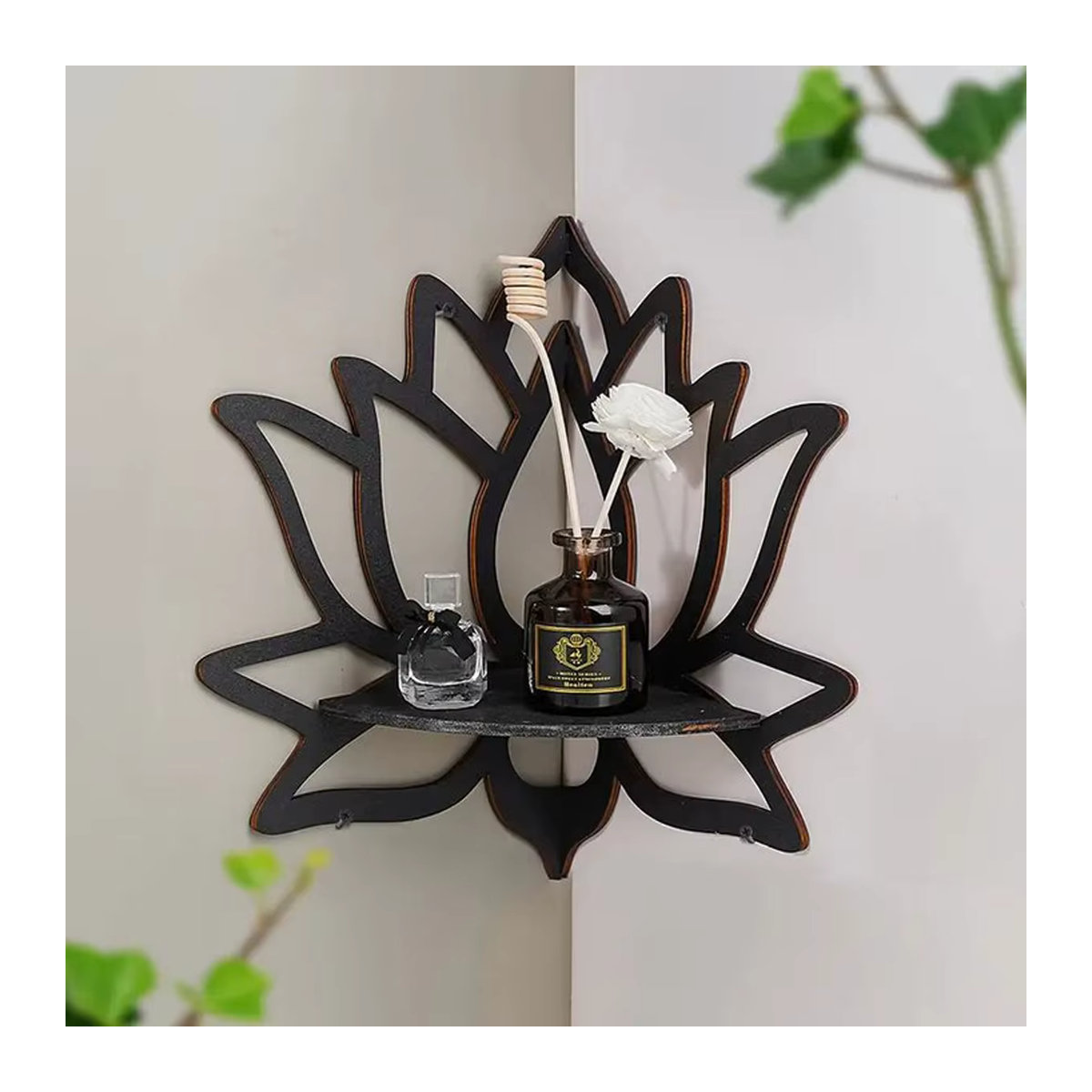 Dekoratives Wandregal aus Holz in Lotus-Design als Organizer für Aromatherapie und Kerzenhalter in Schwarz oder Braun - Bild 2