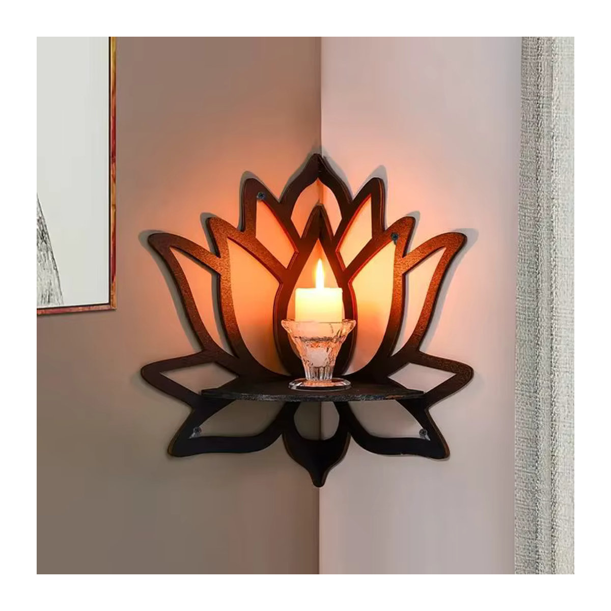 Dekoratives Wandregal aus Holz in Lotus-Design als Organizer für Aromatherapie und Kerzenhalter in Schwarz oder Braun - Bild 3
