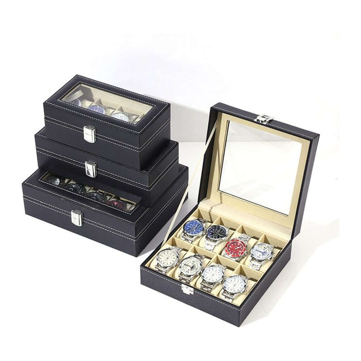 DELESYS Schmuck- und Uhrenbox aus Leder für die Sammlung, Rechteckig, Schwarz oder Beige - Bild 1