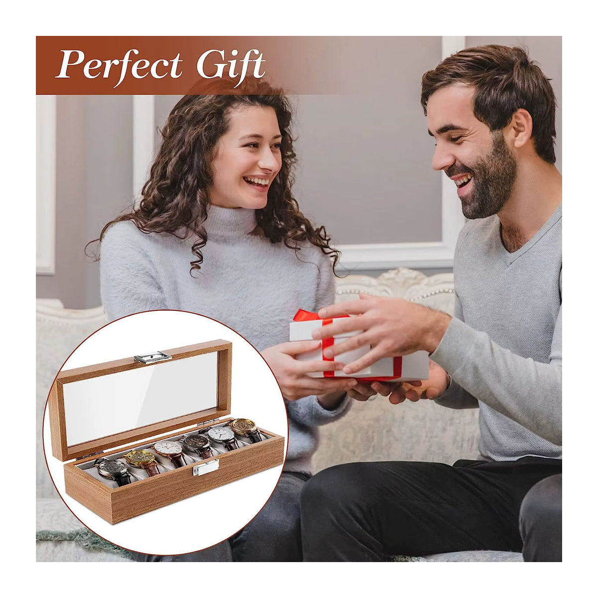 DELESYS Uhrenbox aus Bambus im orientalischen Stil, 6-Positionen-Uhrenaufbewahrungskoffer mit Schloss, Farbe: Braun - Bild 2