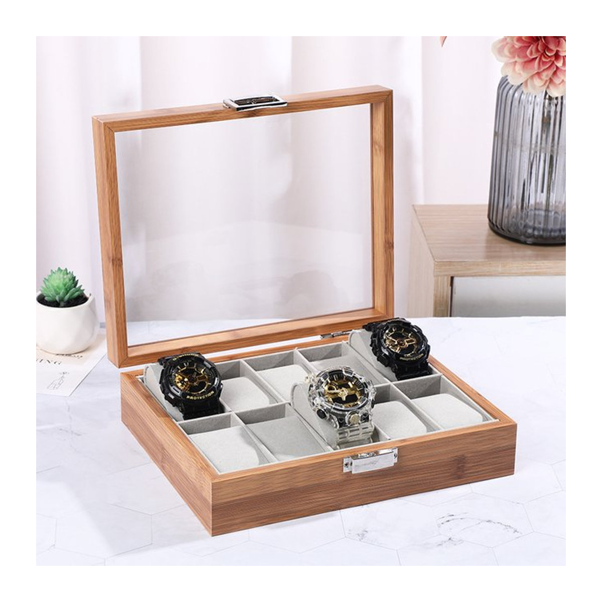 DELESYS Uhrenbox aus Massivholz Bambus im orientalischen Stil, Farbe Braun, 3 Slots - Bild 1