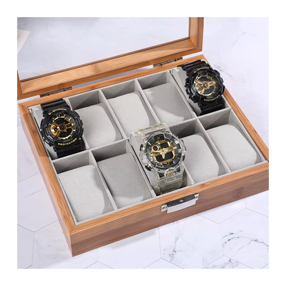 DELESYS Uhrenbox aus Massivholz Bambus im orientalischen Stil, Farbe Braun, 3 Slots - Bild 2