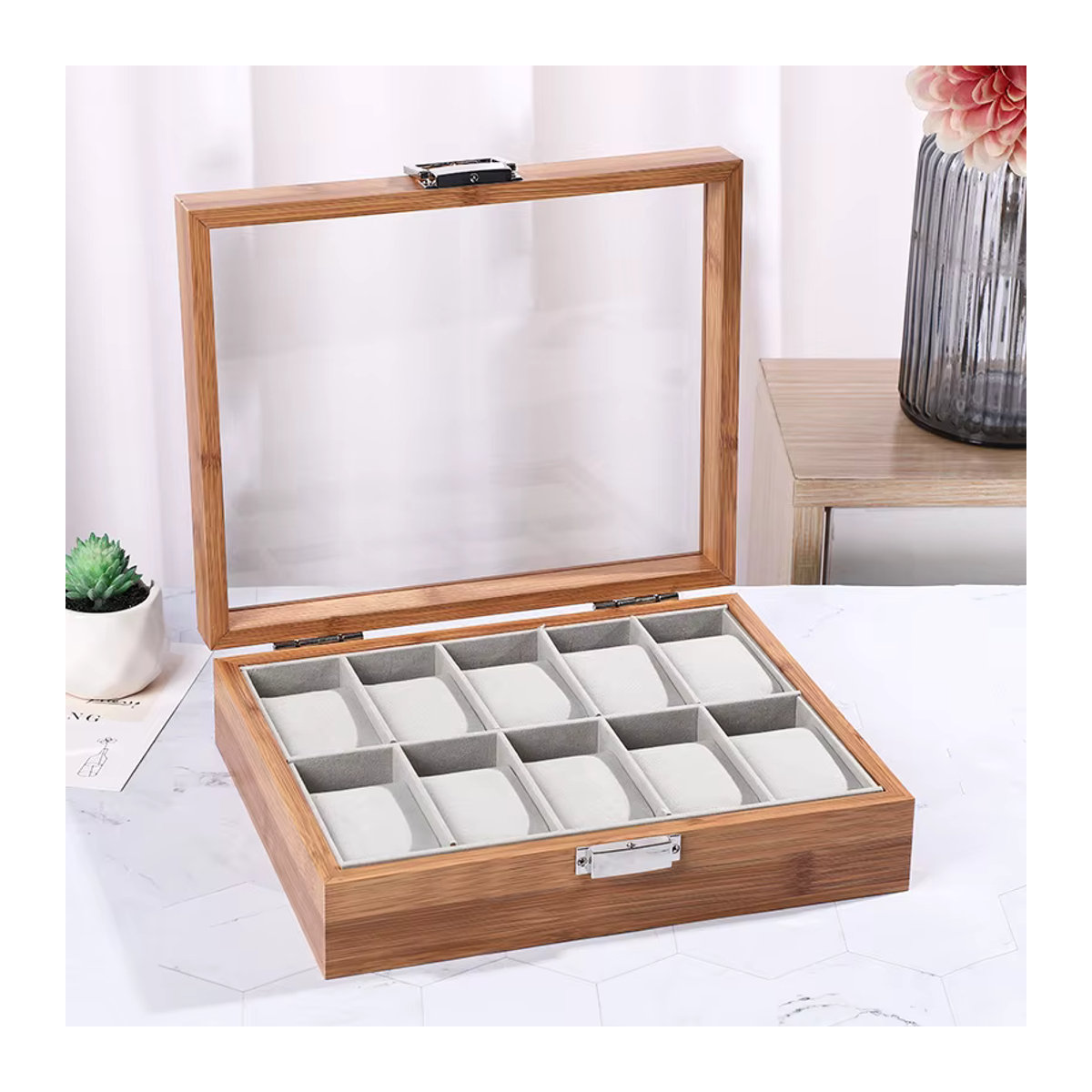 DELESYS Uhrenbox aus Massivholz Bambus im orientalischen Stil, Farbe Braun, 3 Slots - Bild 4