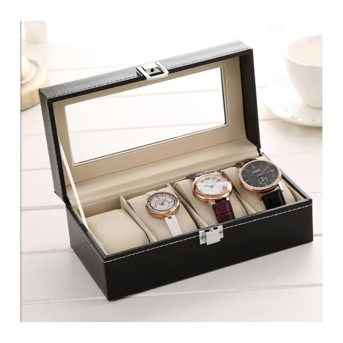 DELESYS Uhrenbox mit Schloss aus Leder und Kunststoff, 4 Positionen, Schwarz - Bild 1