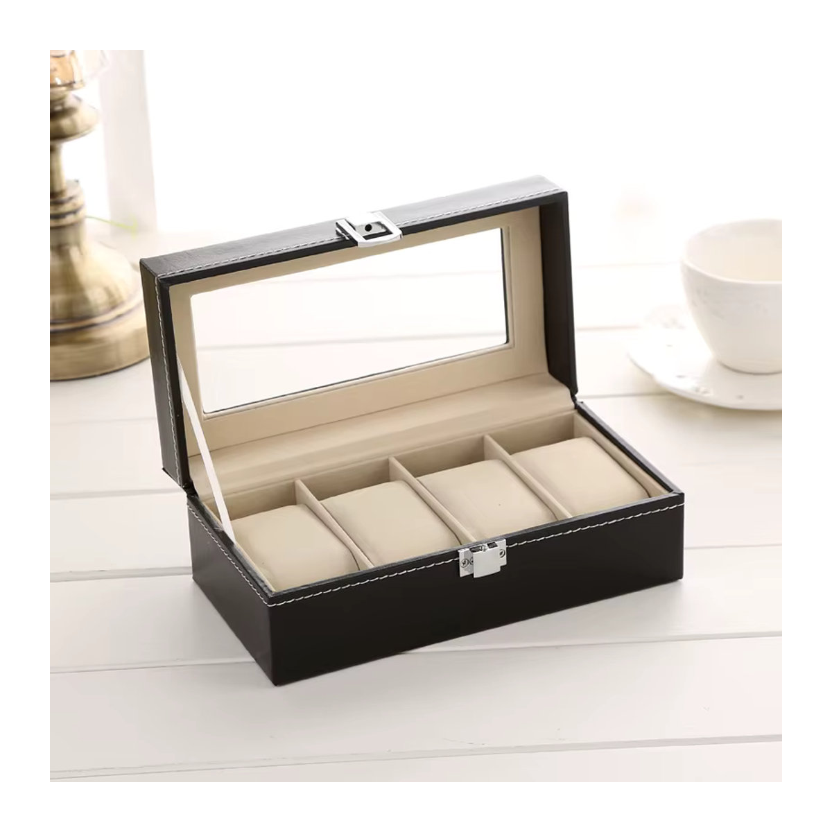 DELESYS Uhrenbox mit Schloss aus Leder und Kunststoff, 4 Positionen, Schwarz - Bild 2