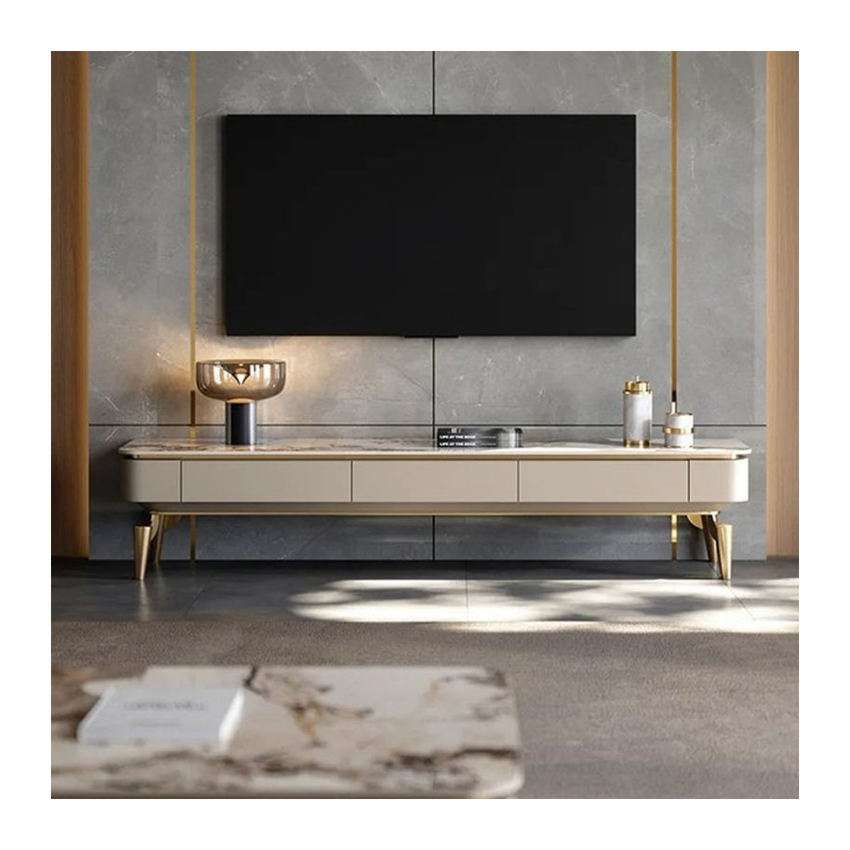 DELEVEN TV-Schrank Modern in Beige mit Marmor-Optik und ausziehbaren Schubladen, B/T/H: 70 x 40 x 40 cm - Bild 1