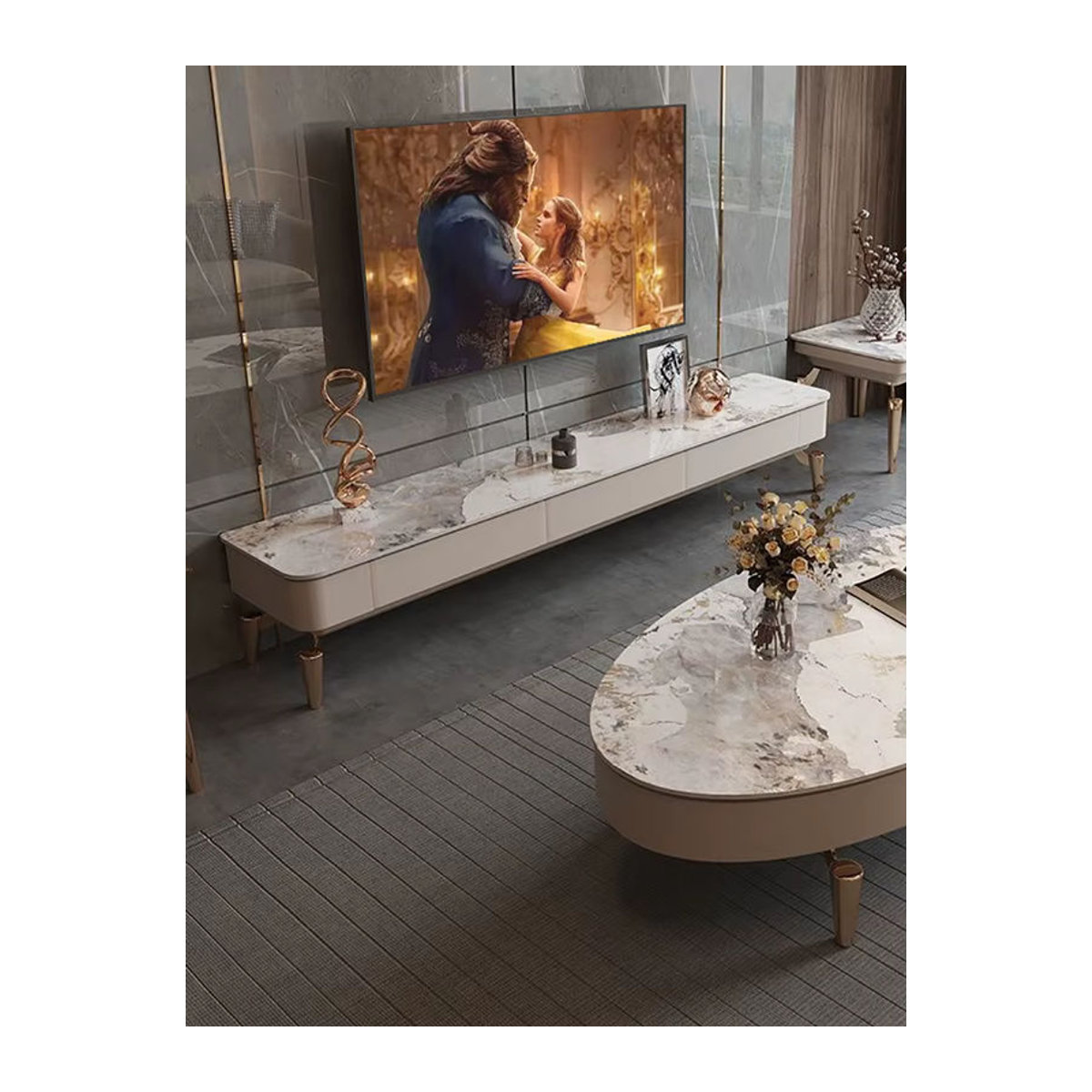 DELEVEN TV-Schrank Modern in Beige mit Marmor-Optik und ausziehbaren Schubladen, B/T/H: 70 x 40 x 40 cm - Bild 3