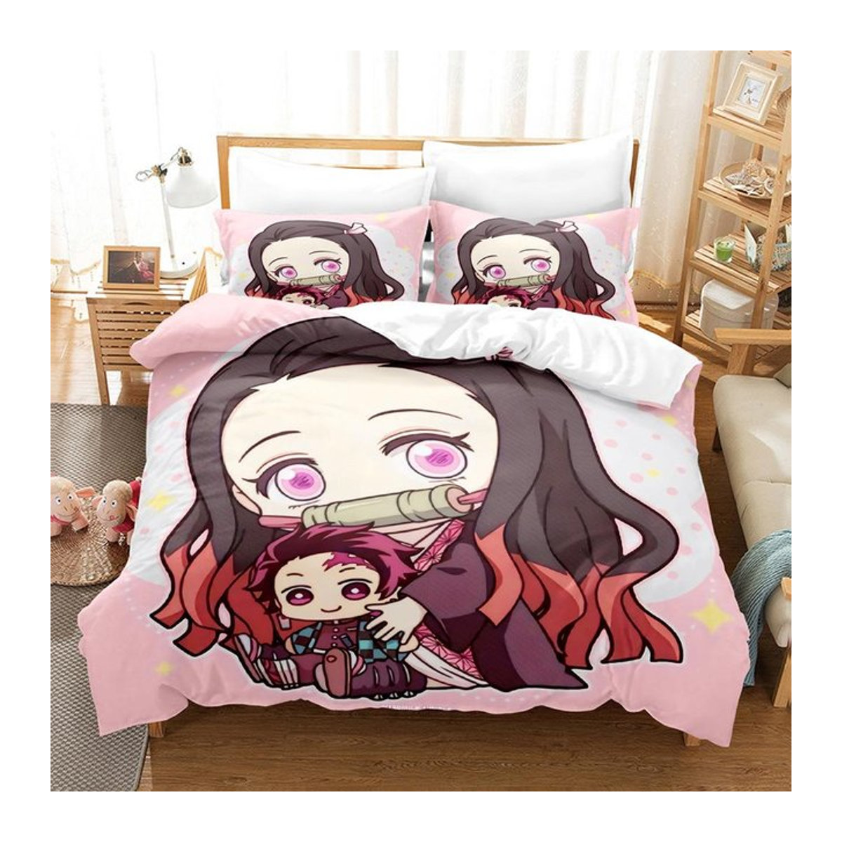 Demon Slayer Anime Nezuko Bettwäscheset in Rosa mit Reißverschluss für Einzelbett, Queen oder King Size, B/H: 210 x 210 cm - Bild 1