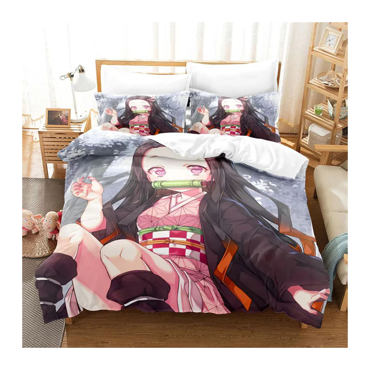 Demon Slayer Anime Nezuko Bettwäscheset in Rosa mit Reißverschluss für Einzelbett, Queen oder King Size, B/H: 210 x 210 cm - Bild 2