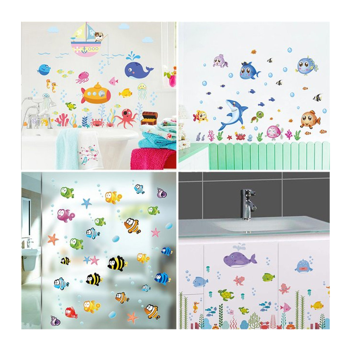 DEOWUU Wandaufkleber Ozean Motiv mit Fischen Wal und Robbe für Kinderzimmer und Badezimmer, mehrfarbig, PVC - Bild 1