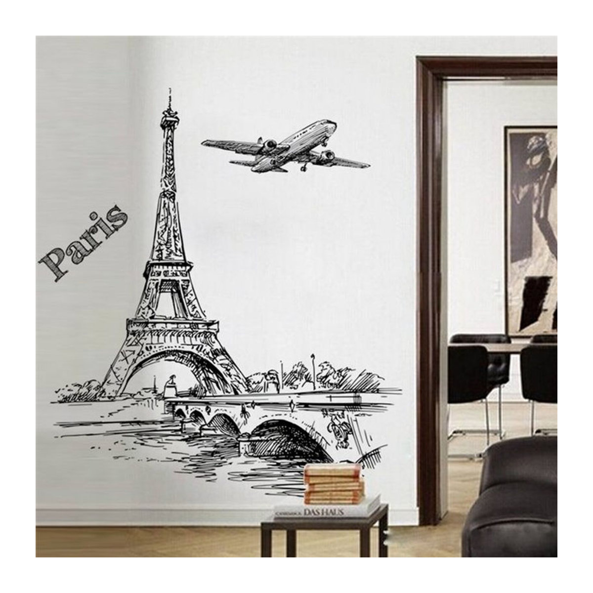 DEOWUU Wandtattoo Paris Eisenturm und Seine Landschaft Wandbild aus PVC für Wohnzimmer Schlafzimmer und Büro, mehrfarbig und schwarz - Bild 1