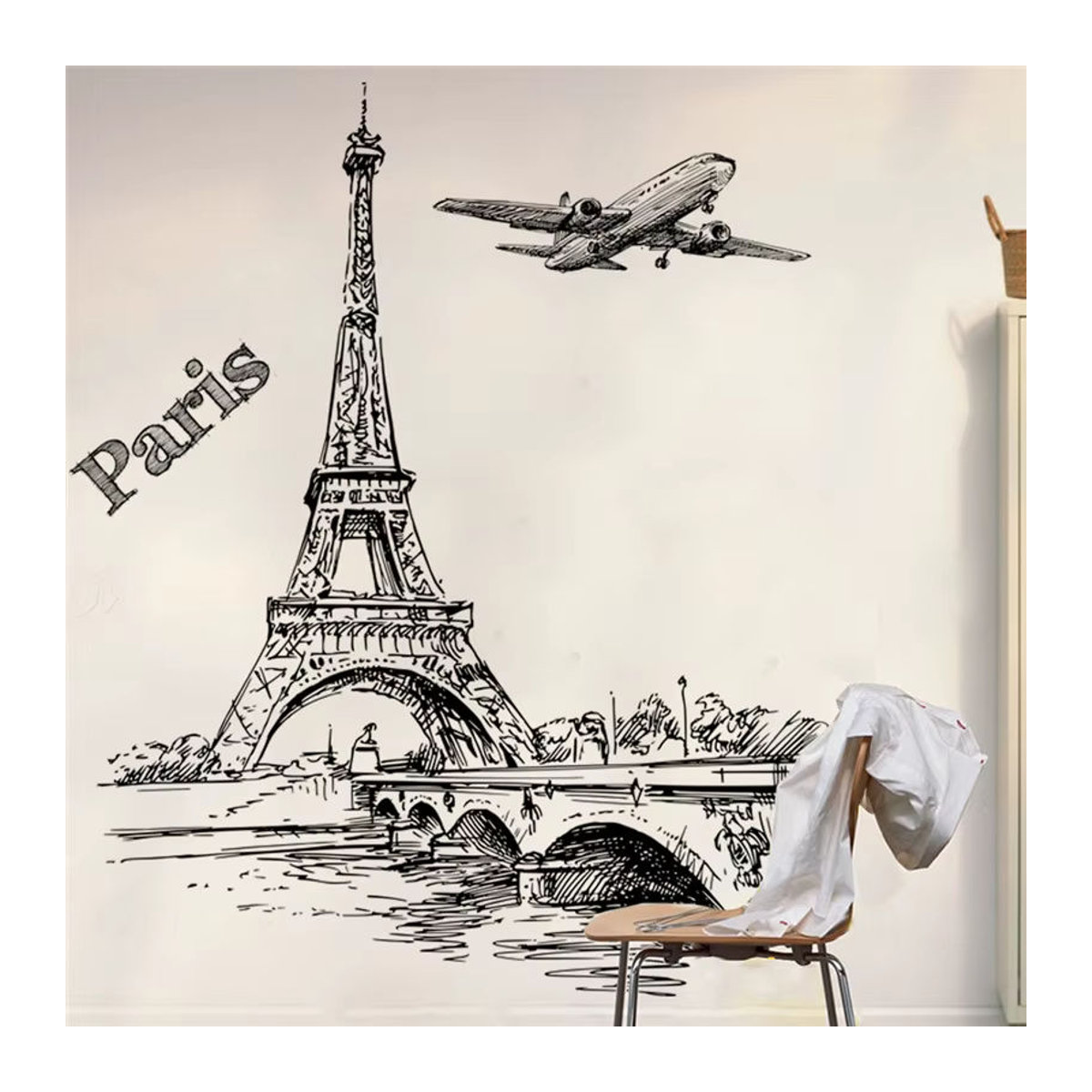 DEOWUU Wandtattoo Paris Eisenturm und Seine Landschaft Wandbild aus PVC für Wohnzimmer Schlafzimmer und Büro, mehrfarbig und schwarz - Bild 2