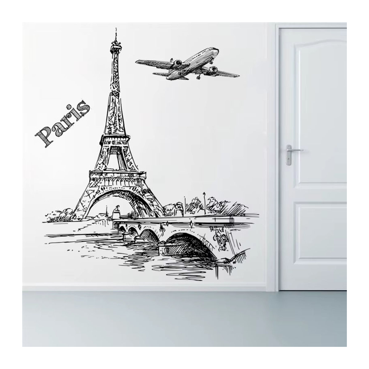 DEOWUU Wandtattoo Paris Eisenturm und Seine Landschaft Wandbild aus PVC für Wohnzimmer Schlafzimmer und Büro, mehrfarbig und schwarz - Bild 3