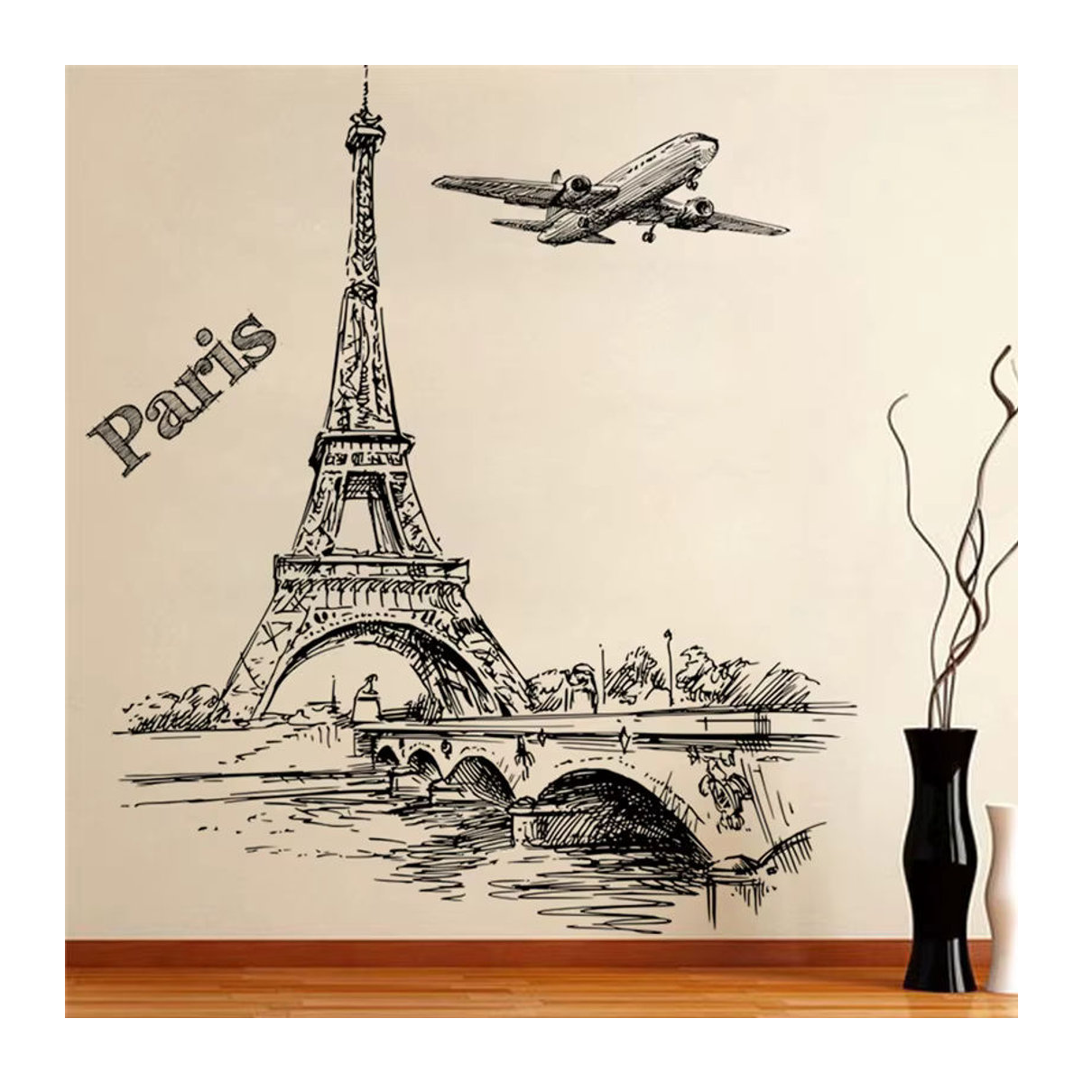DEOWUU Wandtattoo Paris Eisenturm und Seine Landschaft Wandbild aus PVC für Wohnzimmer Schlafzimmer und Büro, mehrfarbig und schwarz - Bild 4