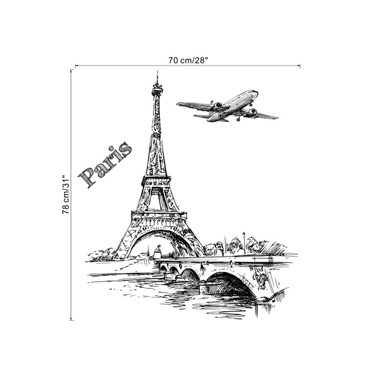 DEOWUU Wandtattoo Paris Eisenturm und Seine Landschaft Wandbild aus PVC für Wohnzimmer Schlafzimmer und Büro, mehrfarbig und schwarz - Bild 5