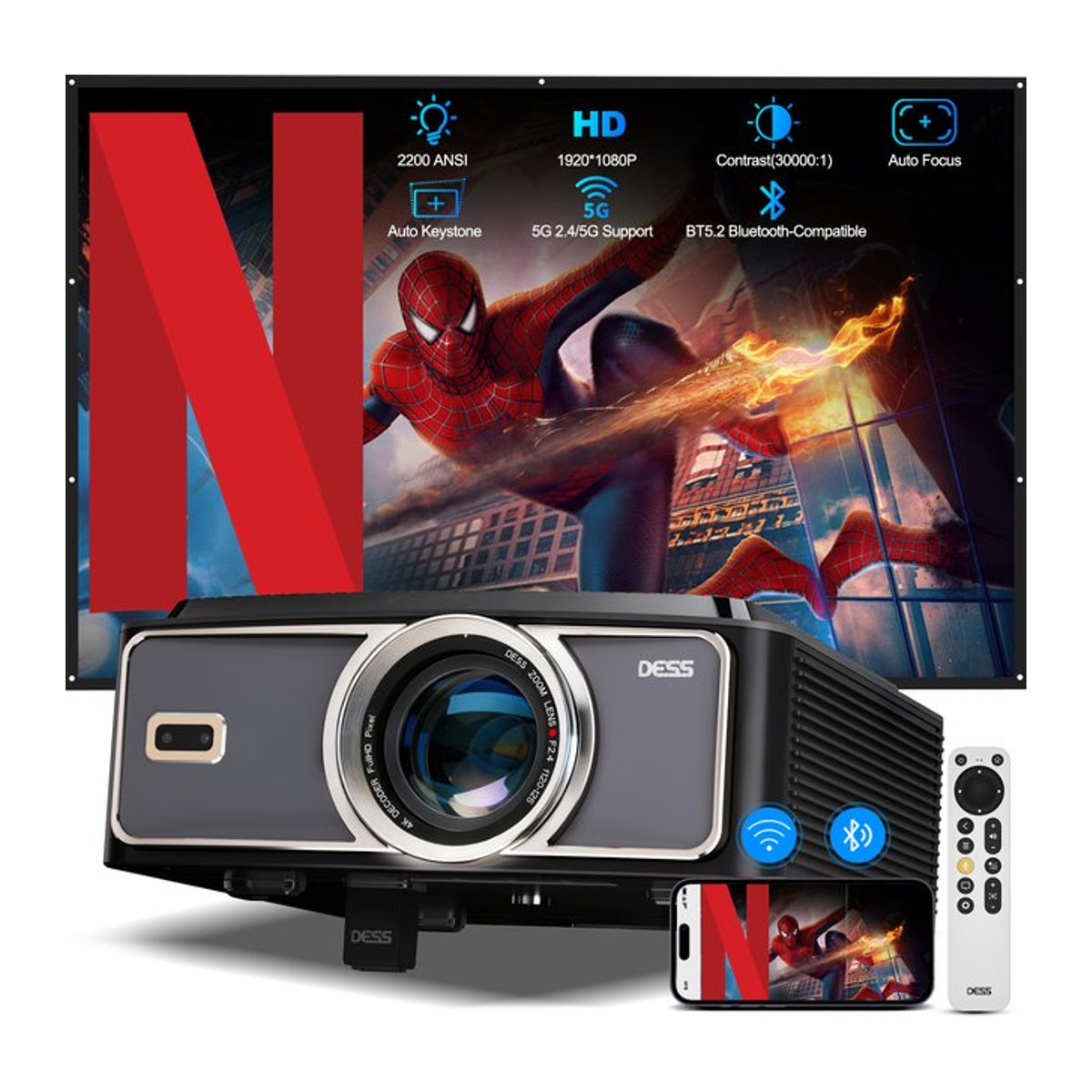 DESS C5 Pro Videoprojektor Heimkino-Beamer mit 4K Unterstützung, Full HD 1080P, Android, Autofokus und BT5.2 in Schwarz - Bild 1