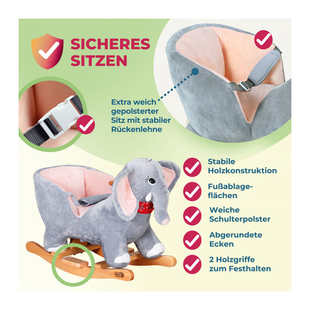 Deuba Schaukelpferd Elefant Grau aus Holz und Textil mit Sicherheitsgurt - Bild 3