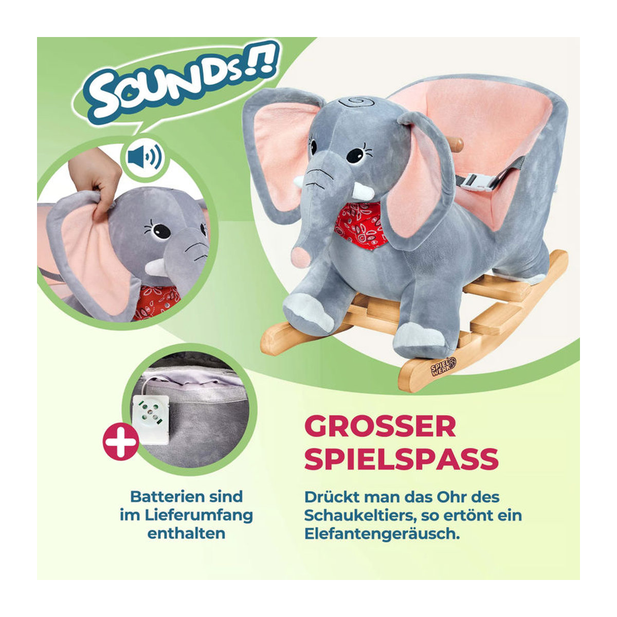 Deuba Schaukelpferd Elefant Grau aus Holz und Textil mit Sicherheitsgurt - Bild 4
