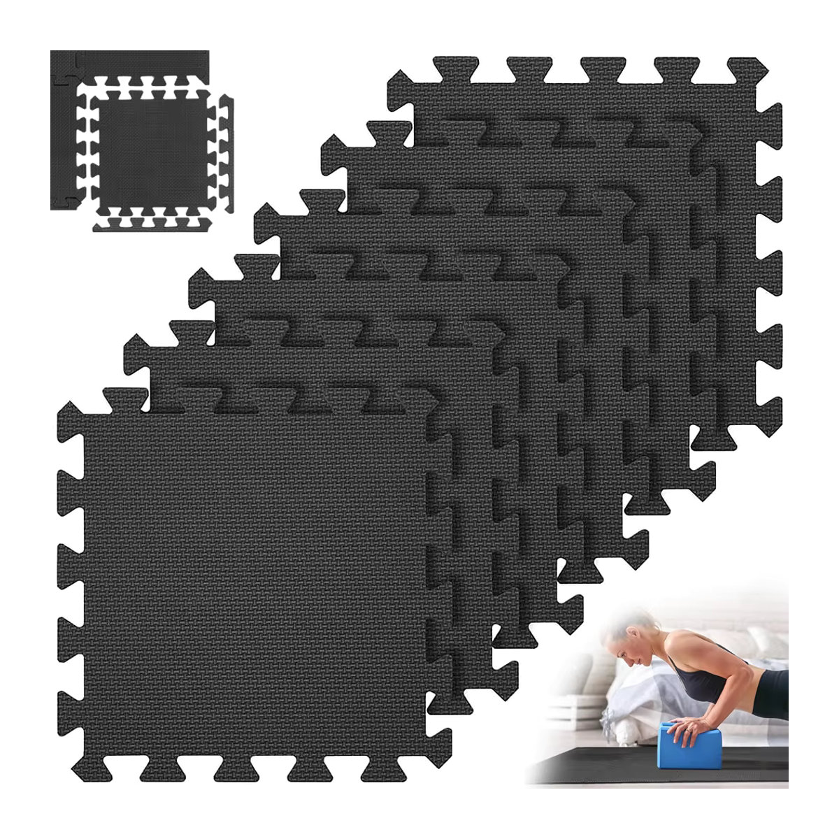 DHDH Gymnastikmatte mit Kreuzmuster aus Schaumstoff in Schwarz, 8 oder 16 Stück ineinandergreifende Matten für dein Heimfitnessstudio oder deine Garage - Bild 5