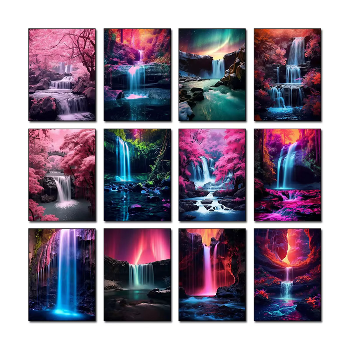 Diamantmalerei Wandkunst Naturlandschaft mit Sakura-Bäumen und Wasserfall in Mehrfarbig, Hochformat - Bild 2