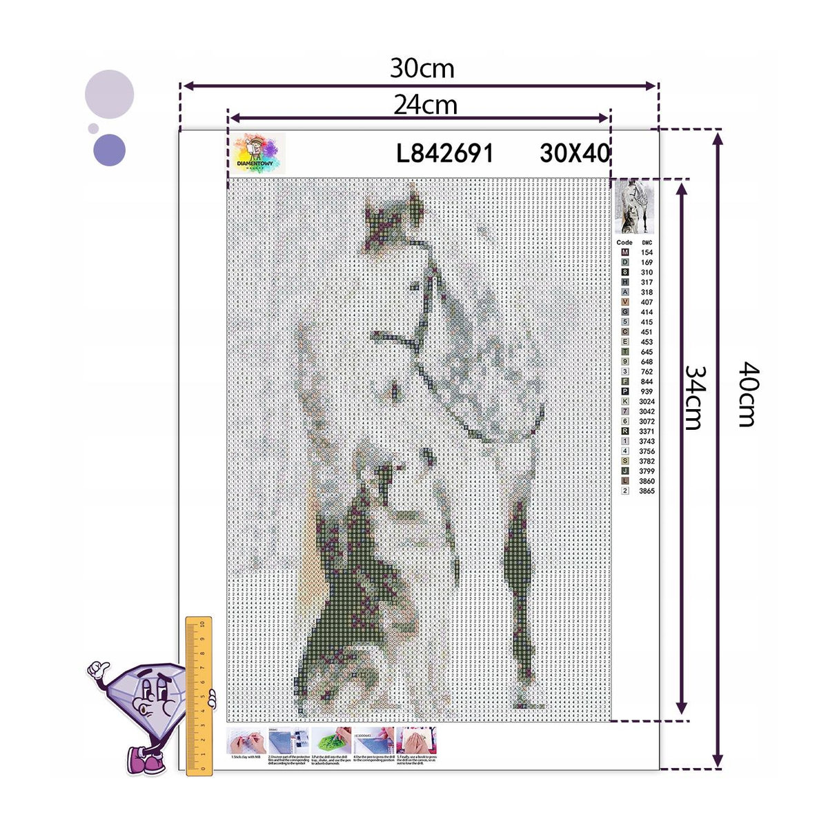 Diamond Painting Set Ob_L_92 mit Tier-Motiven Pferd und Hund in Weiß, B/H: 30 x 40 cm - Bild 3