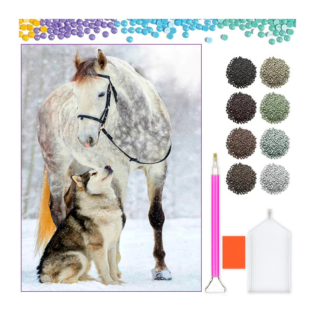 Diamond Painting Set Ob_L_92 mit Tier-Motiven Pferd und Hund in Weiß, B/H: 30 x 40 cm - Bild 4