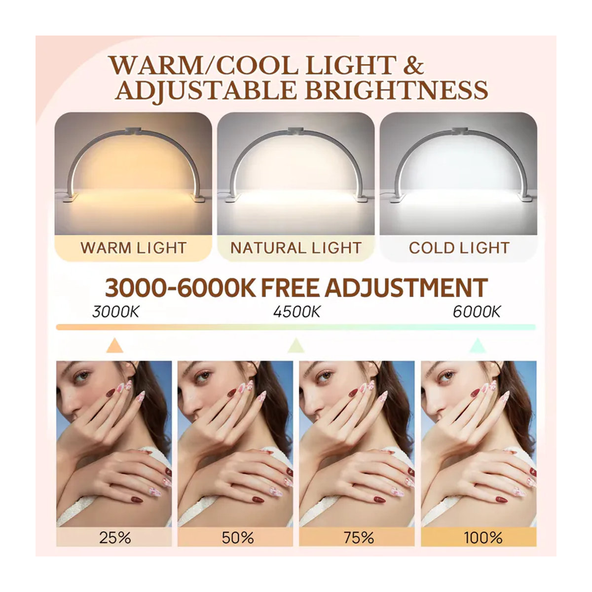 DianaBeauty Halbmond LED Tischlampe für Maniküre und Wimpern in Rosa und Weiß, modern, 3000-6000K - Bild 3
