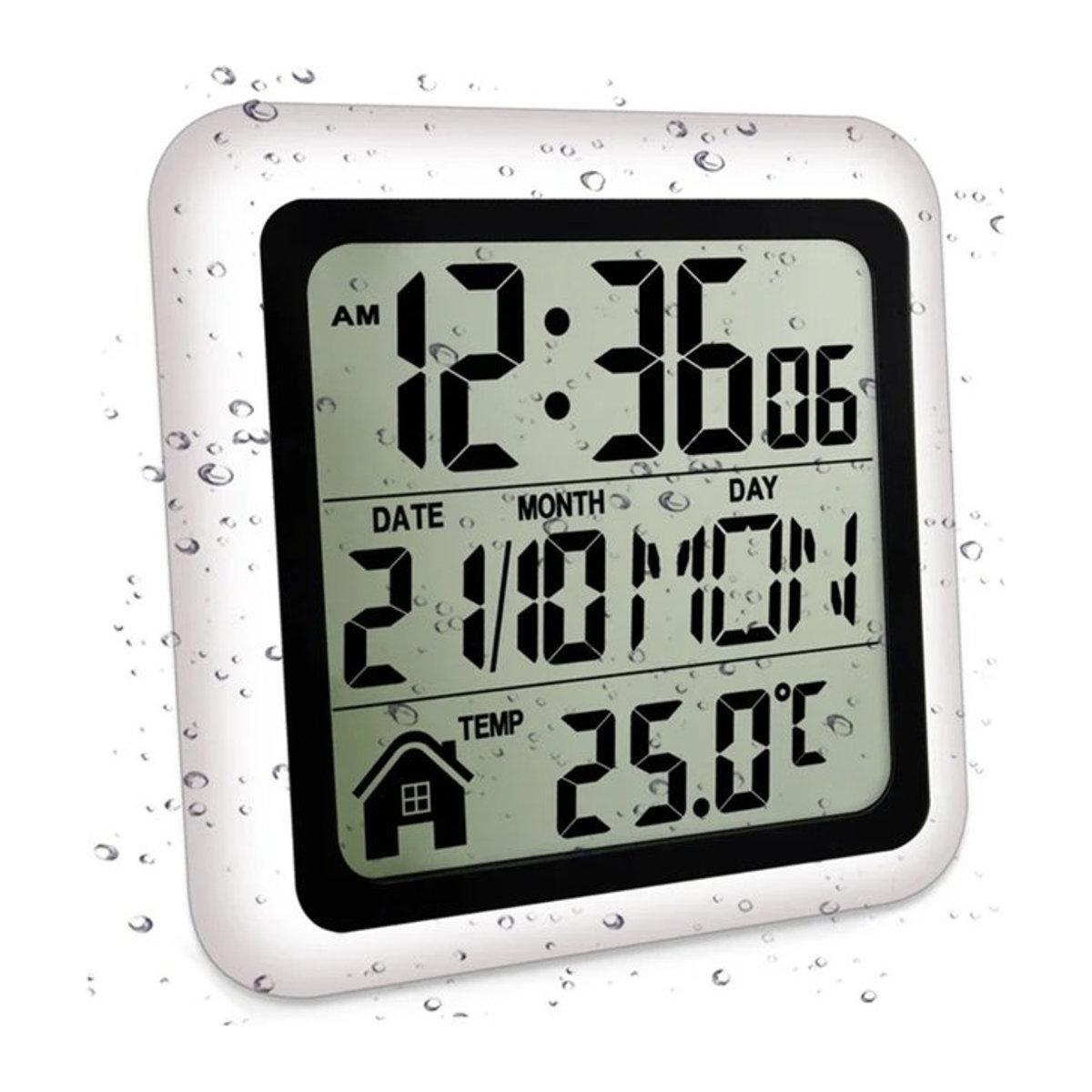 Digitale Badezimmer-Wanduhr mit Thermometer und Hygrometer, wasserdicht und feuchtigkeitsbeständig, quadratisch, Kunststoff, Schwarz oder Weiß - Bild 1
