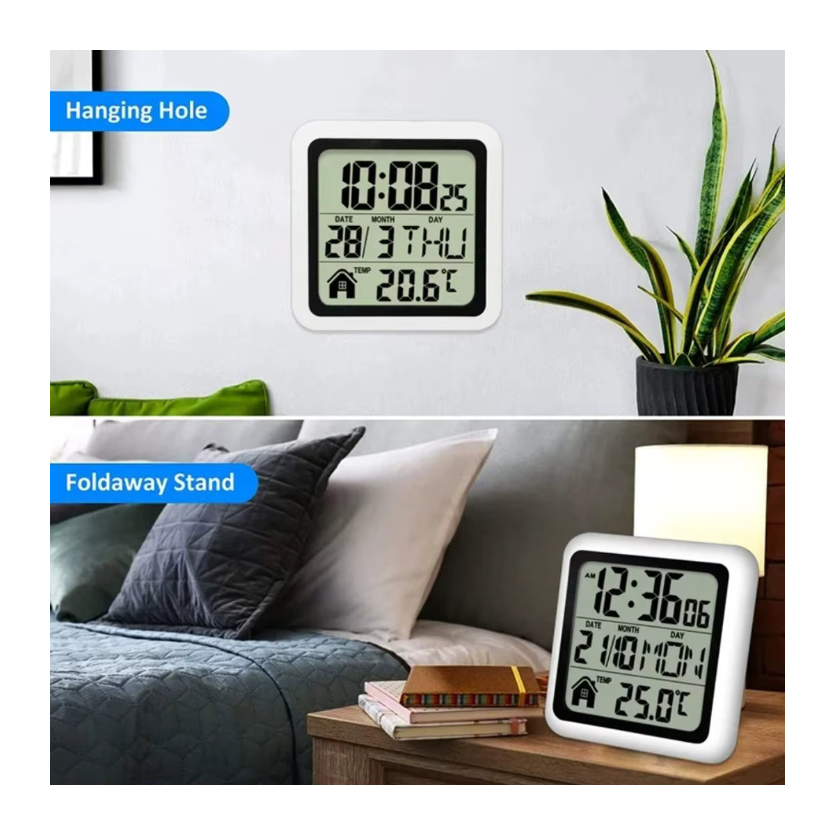 Digitale Badezimmer-Wanduhr mit Thermometer und Hygrometer, wasserdicht und feuchtigkeitsbeständig, quadratisch, Kunststoff, Schwarz oder Weiß - Bild 2