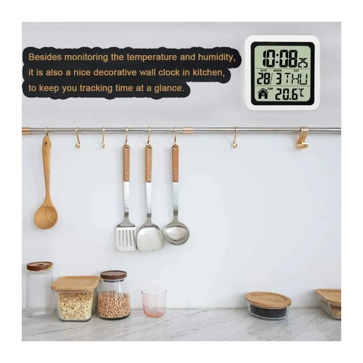 Digitale Badezimmer-Wanduhr mit Thermometer und Hygrometer, wasserdicht und feuchtigkeitsbeständig, quadratisch, Kunststoff, Schwarz oder Weiß - Bild 3