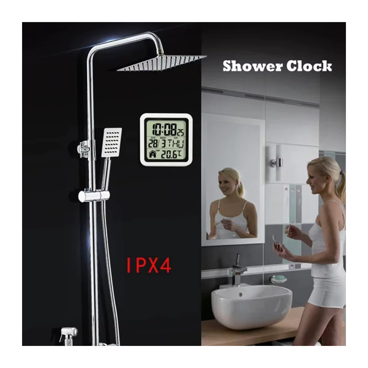 Digitale Badezimmer-Wanduhr mit Thermometer und Hygrometer, wasserdicht und feuchtigkeitsbeständig, quadratisch, Kunststoff, Schwarz oder Weiß - Bild 4