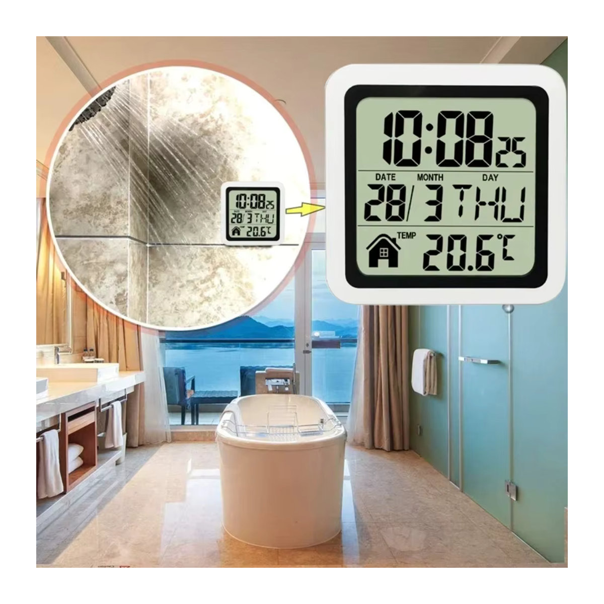 Digitale Badezimmer-Wanduhr mit Thermometer und Hygrometer, wasserdicht und feuchtigkeitsbeständig, quadratisch, Kunststoff, Schwarz oder Weiß - Bild 5